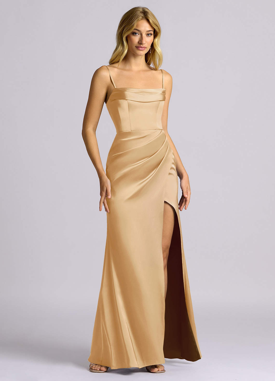 Auden Sheath Off-the-Shoulder Stretch Satin Bridesmaid Dress in Gold