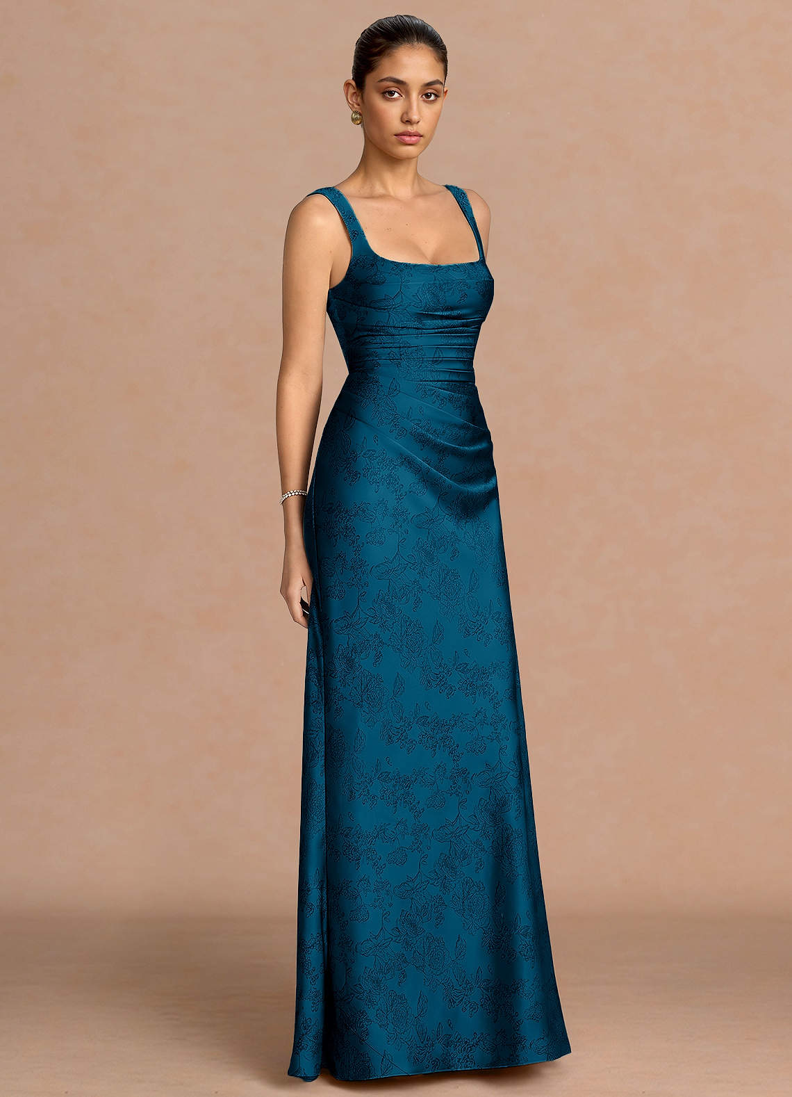 Agustina Square-Neck Pleated Jacquard Evening Dress in Navy Black