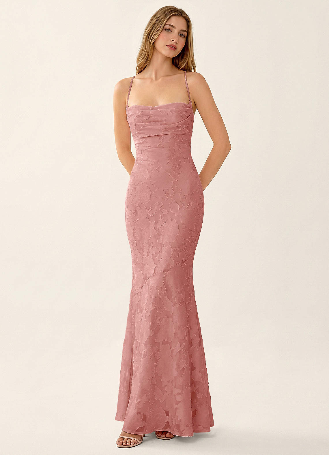 Natasha Mermaid Spaghetti-Strap Floral Burnout Evening Dress in Rosette