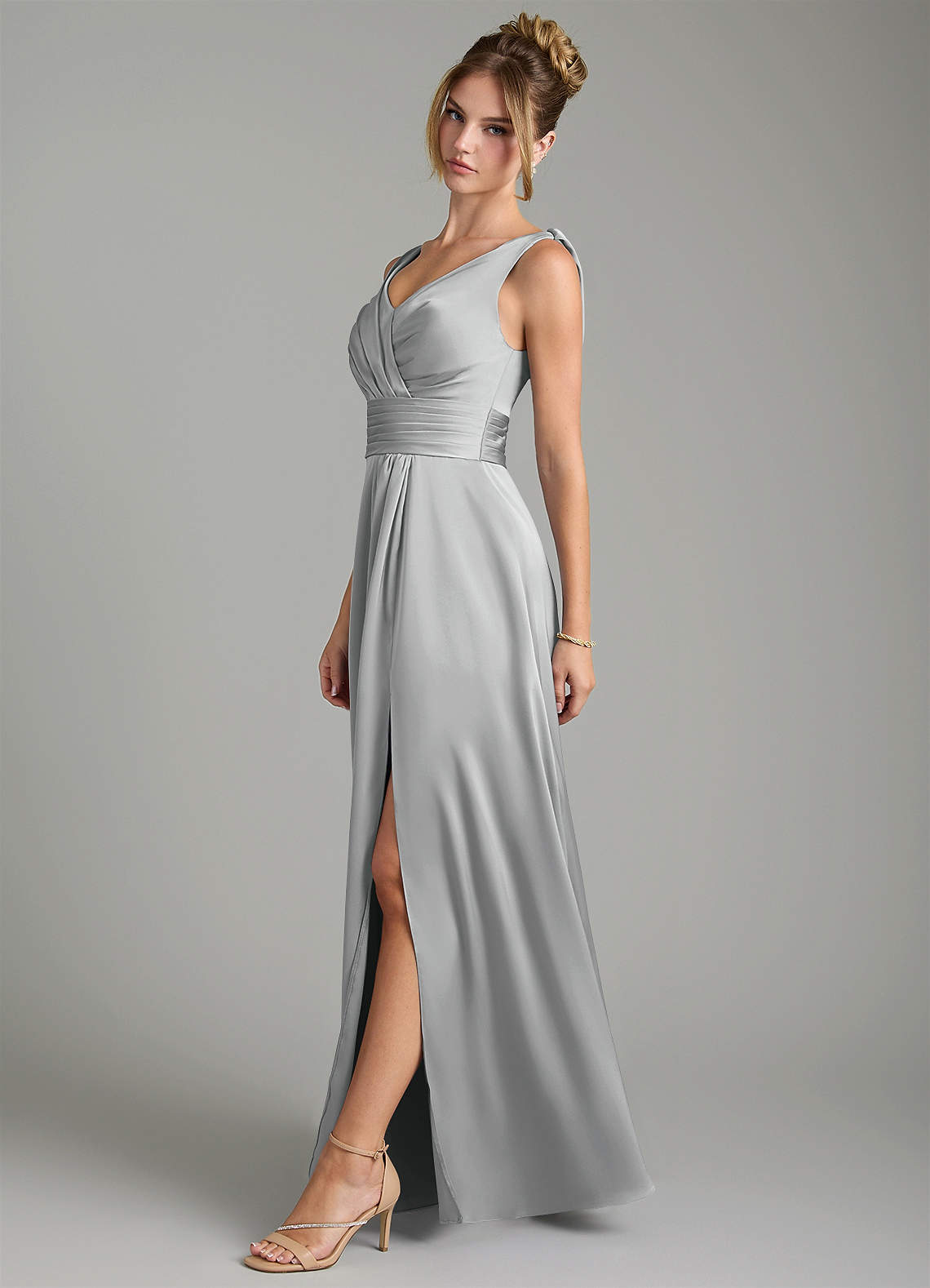 Karina A-Line V-Neck Stretch Satin Bridesmaid Dress in Silver