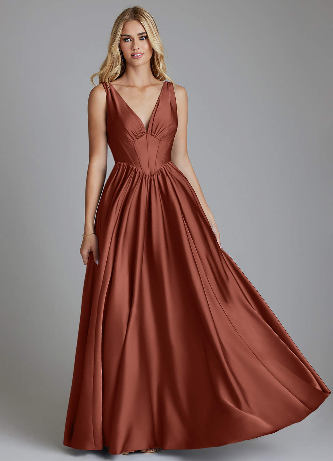 Delmie A-Line V-Neck Stretch Satin Bridesmaid Dress in Auburn