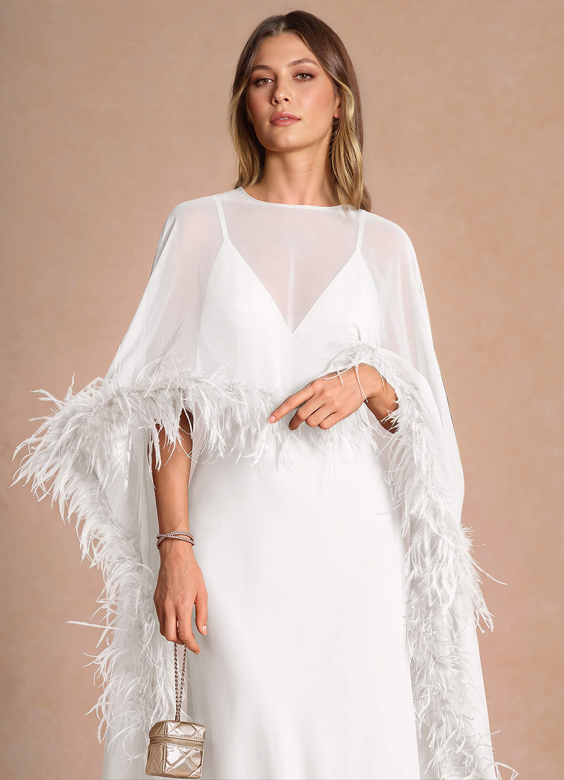 Samara Sheath Feather-Trim Satin Chiffon Wedding Guest Dress in White