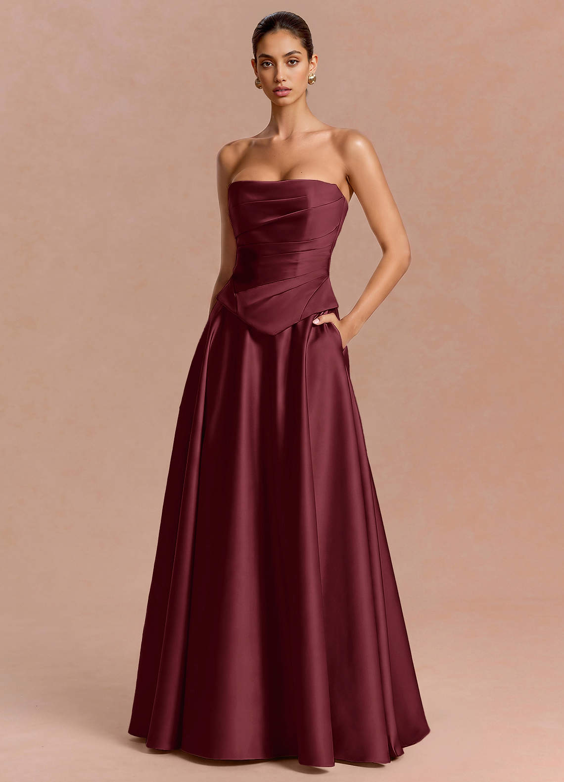 Eponine A-Line Pleated Stretch Satin Evening Dress in Wine