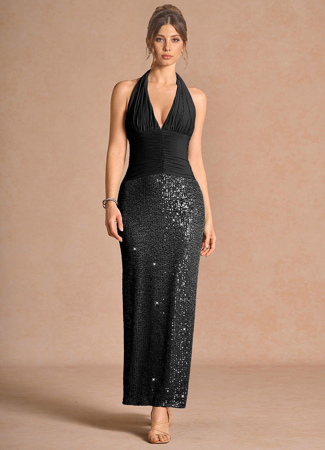 Alessia V-Neck Ruched Sequin Jersey Evening Dress in Silver Black