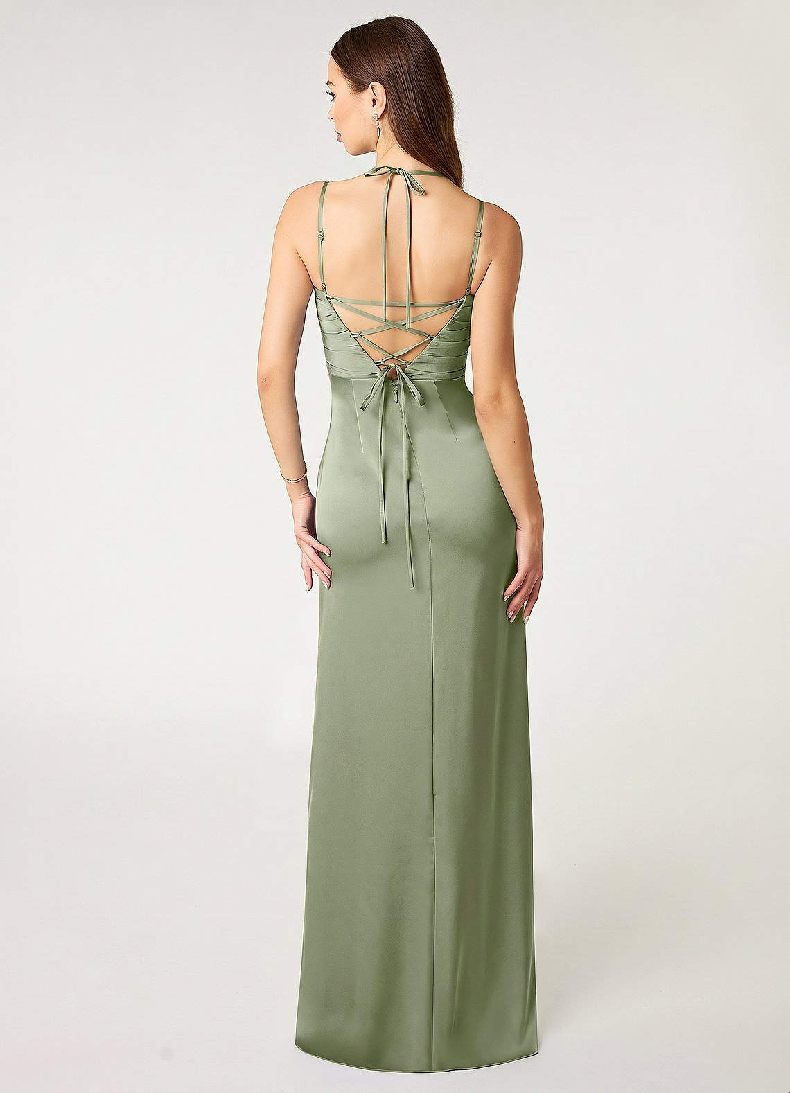 Desi Sheath Halter Stretch Satin Bridesmaid Dress in Pistachio