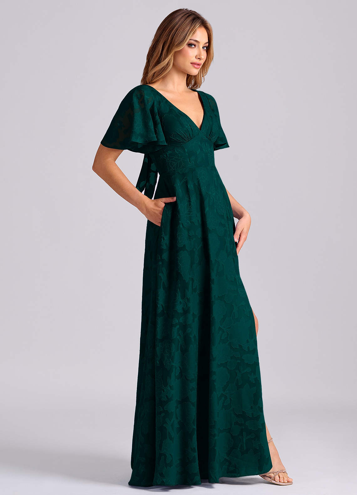 Kimber A-Line V-Neck Floral Burnout Bridesmaid Dress in Pine