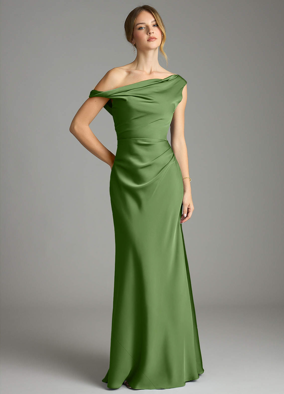 Emerson Mermaid One-Shoulder Stretch Satin Bridesmaid Dress in Basil