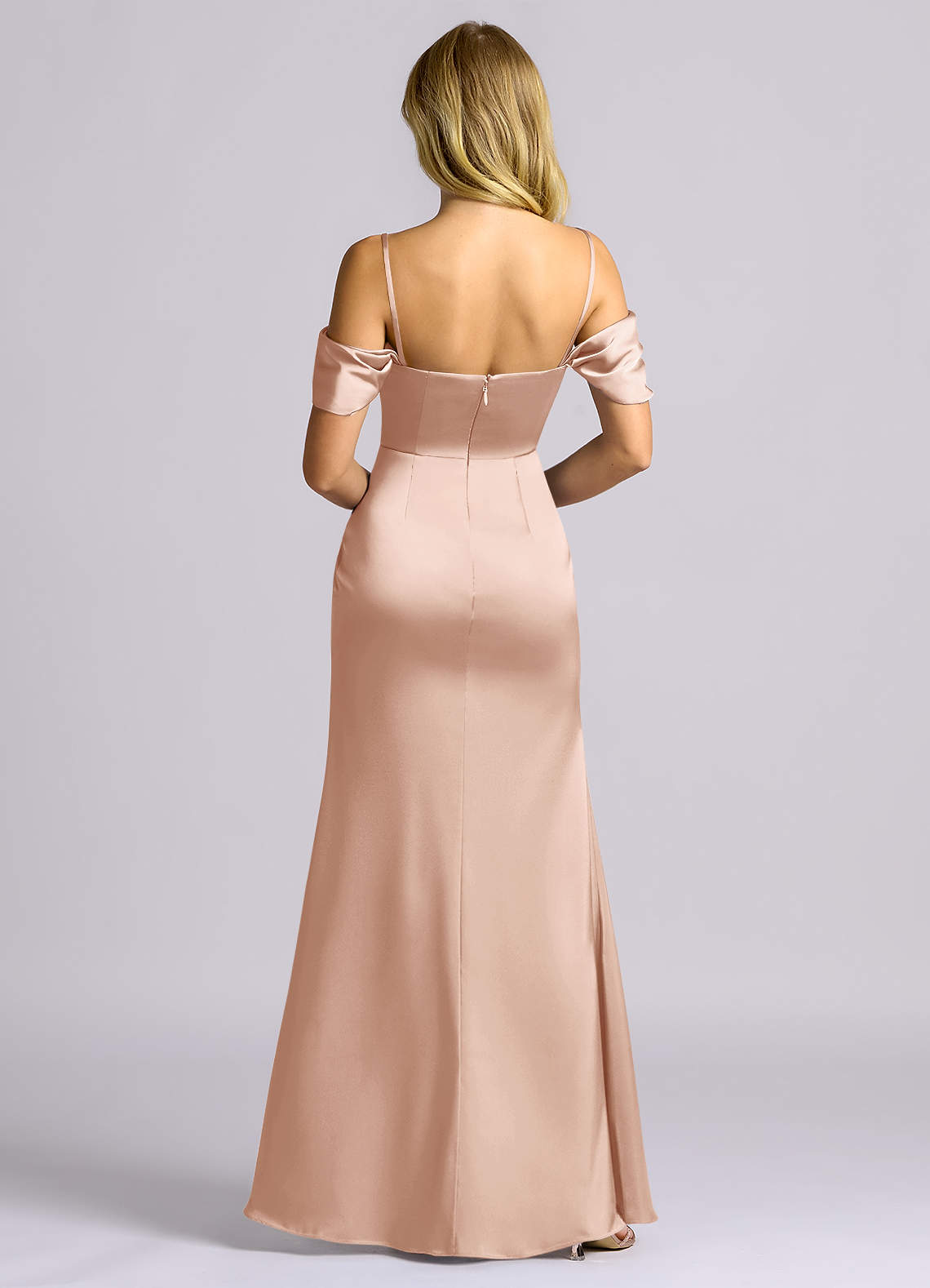 Auden Sheath Off-the-Shoulder Stretch Satin Bridesmaid Dress in rose gold