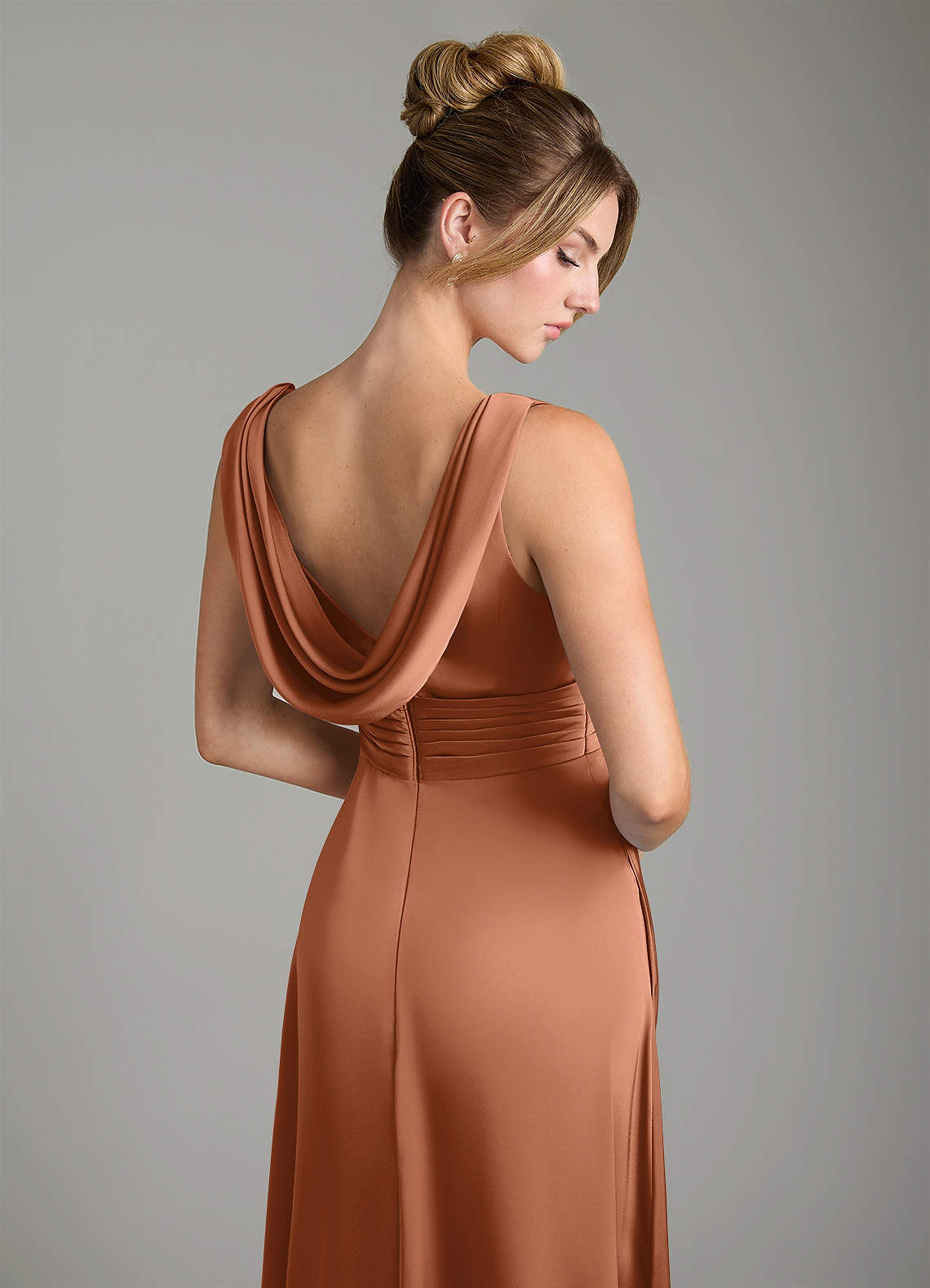 Karina A-Line V-Neck Stretch Satin Bridesmaid Dress in Bronzer