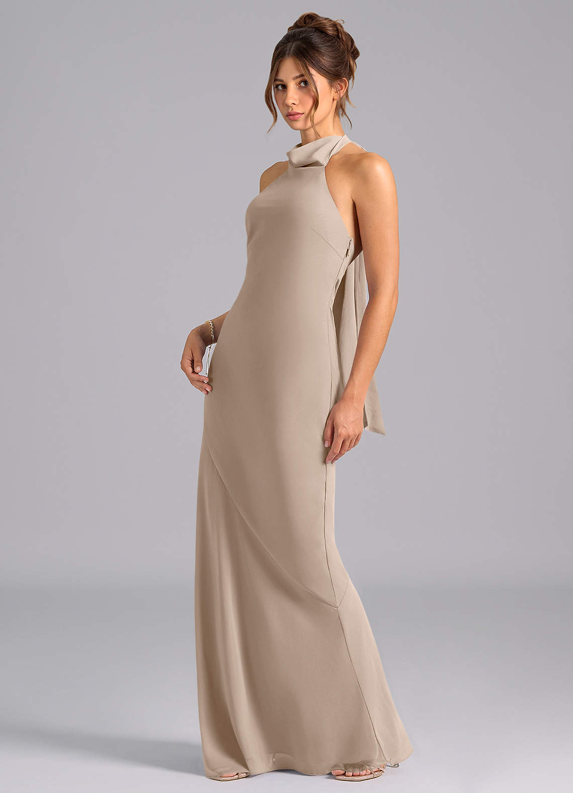 Velli Mermaid Halter Chiffon Bridesmaid Dress in Taupe