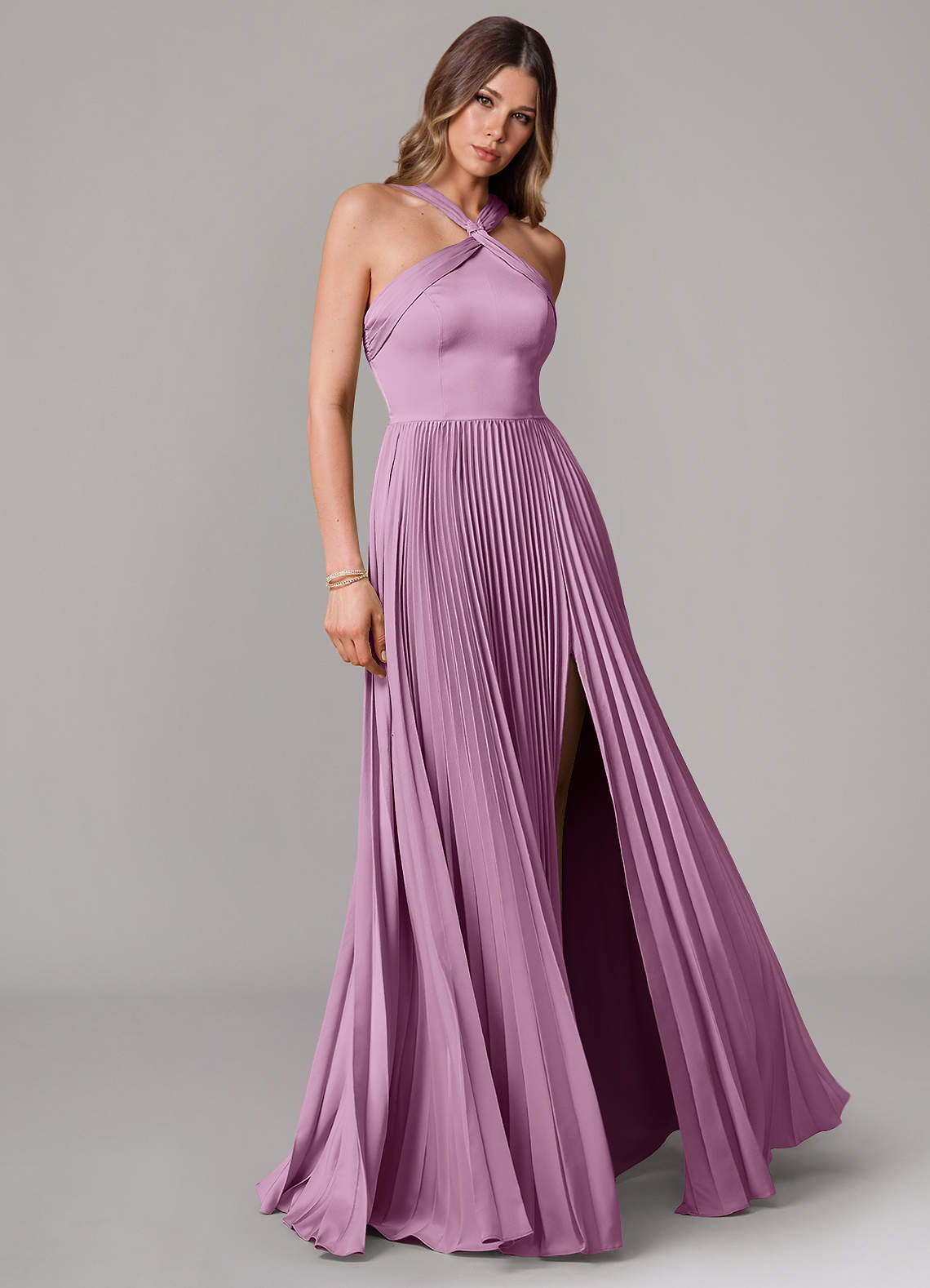 Afra A-Line Halter-Neck Stretch Satin Bridesmaid Dress in Wisteria