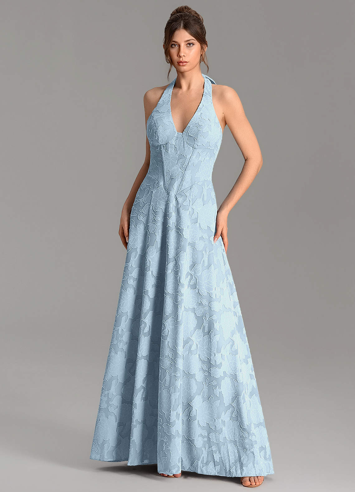 Nia A-Line V-Neck Floral Burnout Bridesmaid Dress in Sky Blue