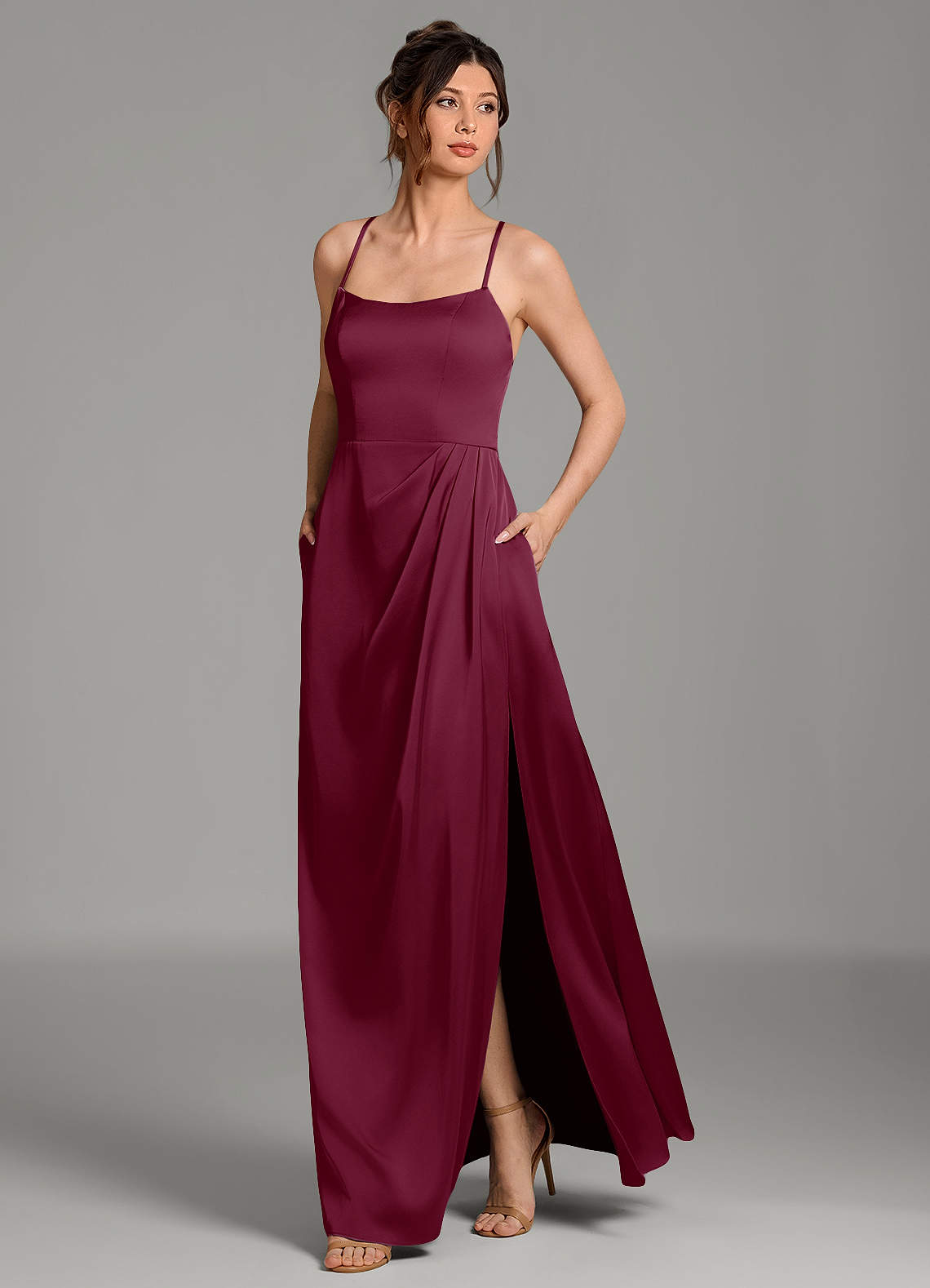 Frankie A-Line Scoop-Neck Stretch Satin Bridesmaid Dress in Mulberry
