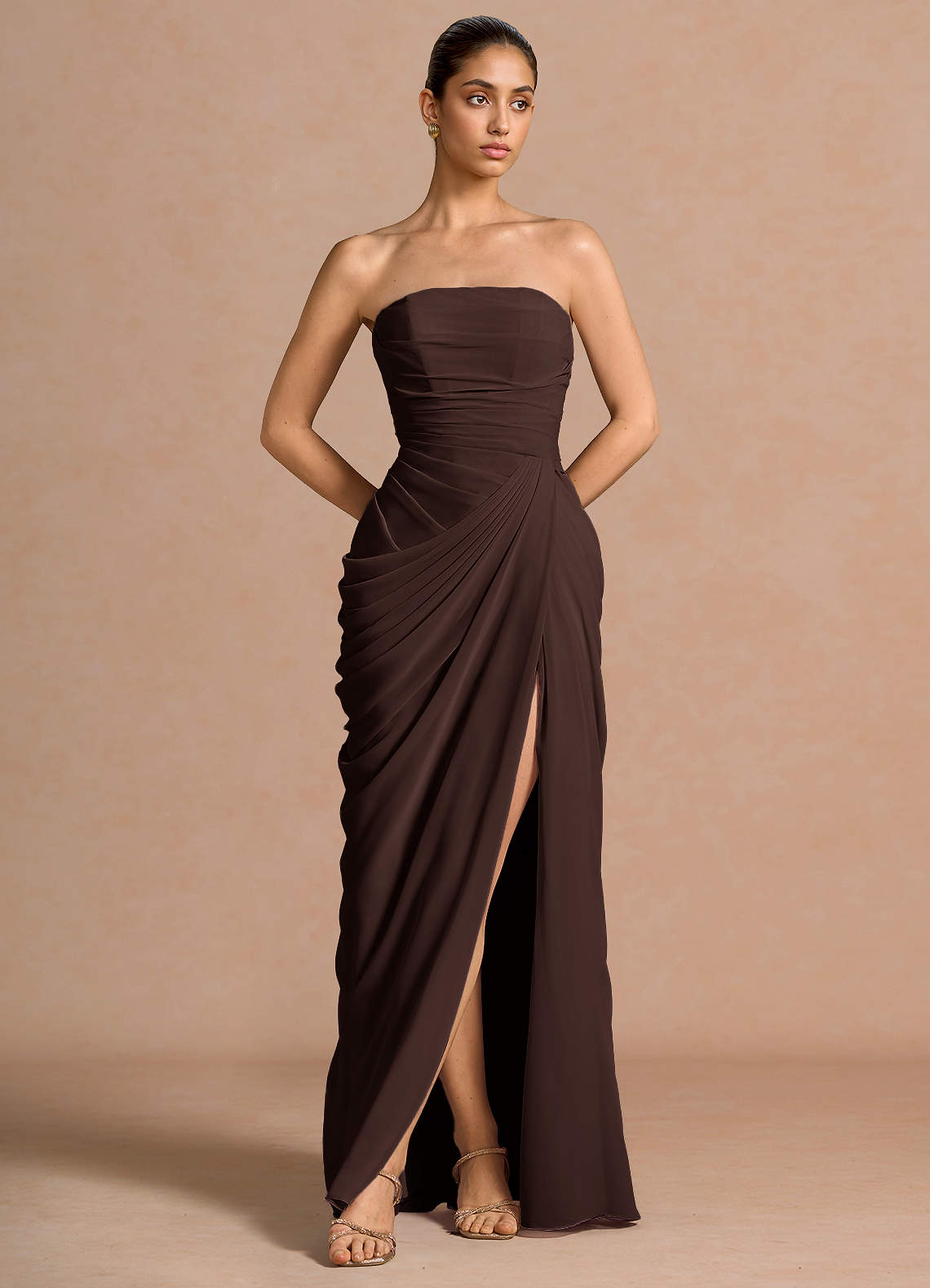 Kaavia Column Pleated Chiffon Maxi Evening Dress in Dusty Blue