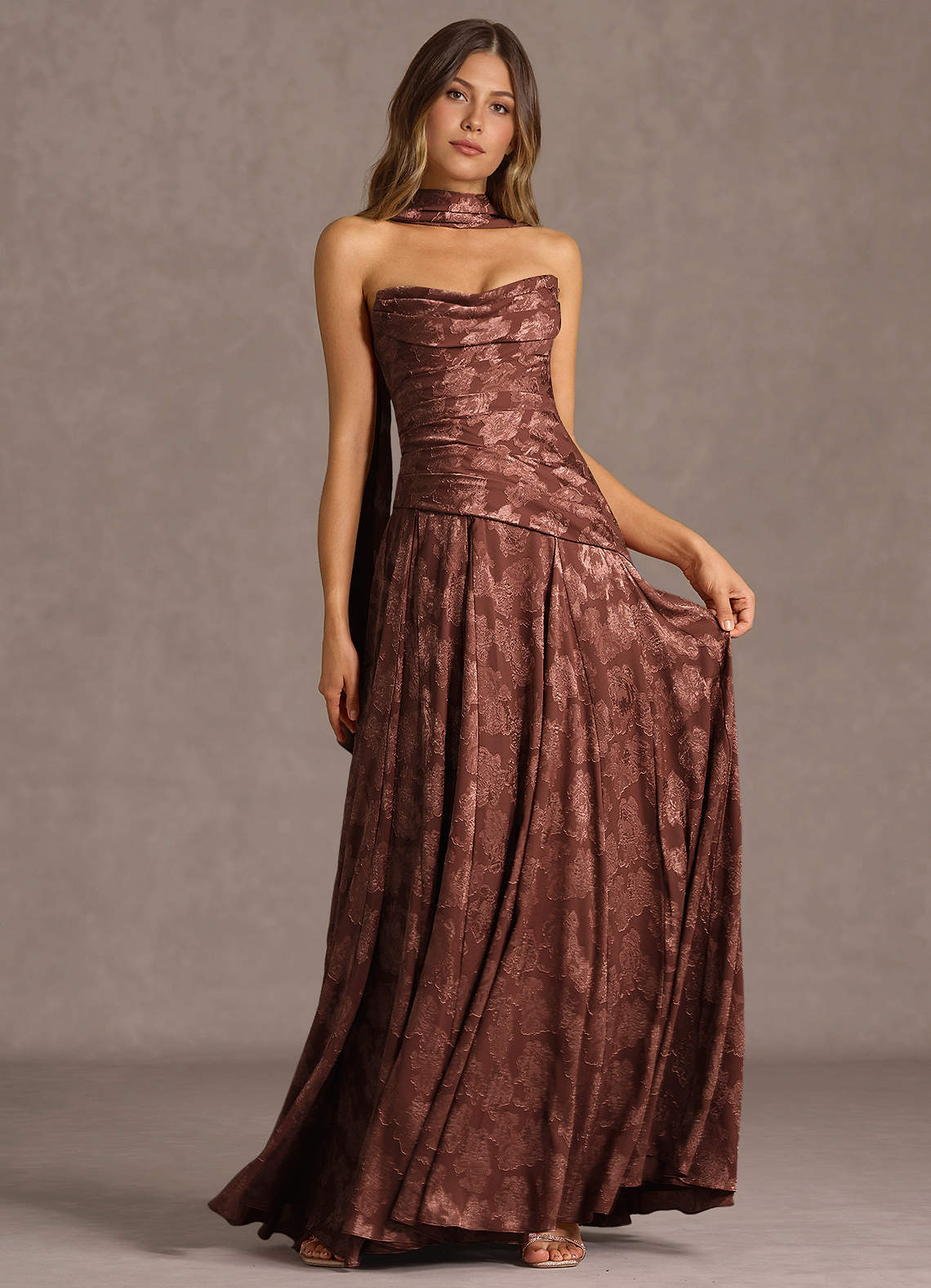 Gabriela A-Line Corset Fil Coupé Wedding Guest Dress in Mocha Coco