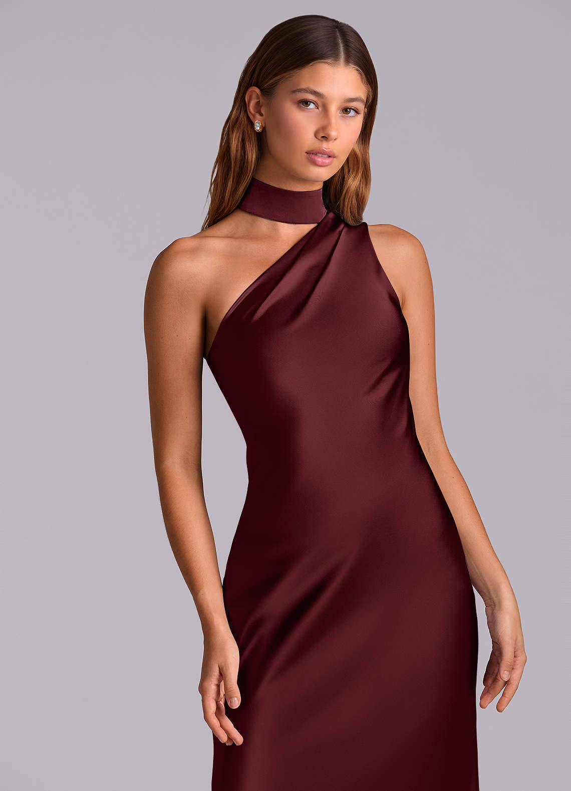 Seona Mermaid One-Shoulder Stretch Satin and Tulle Bridesmaid Dress in Cabernet