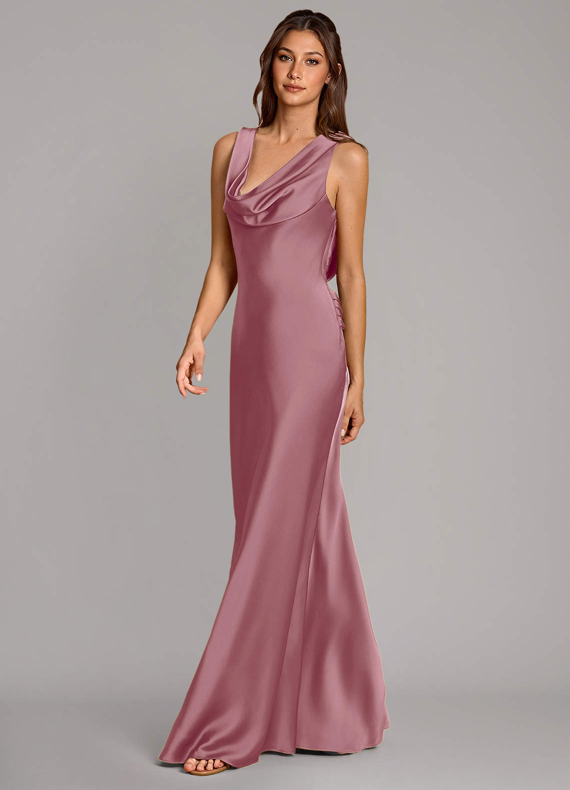 Cheryl Mermaid Cowl-Neck Stretch Satin Bridesmaid Dress in Vintage Mauve