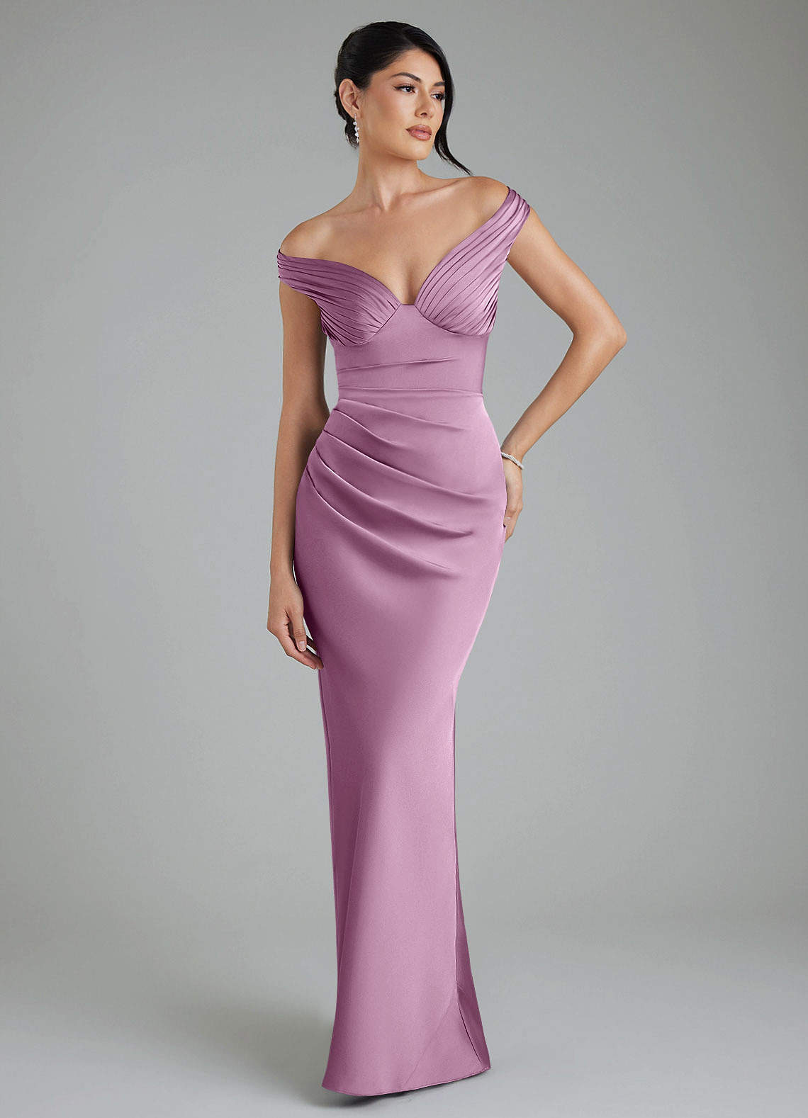 Stella Sheath V-Neck Stretch Satin Bridesmaid Dress in Wisteria