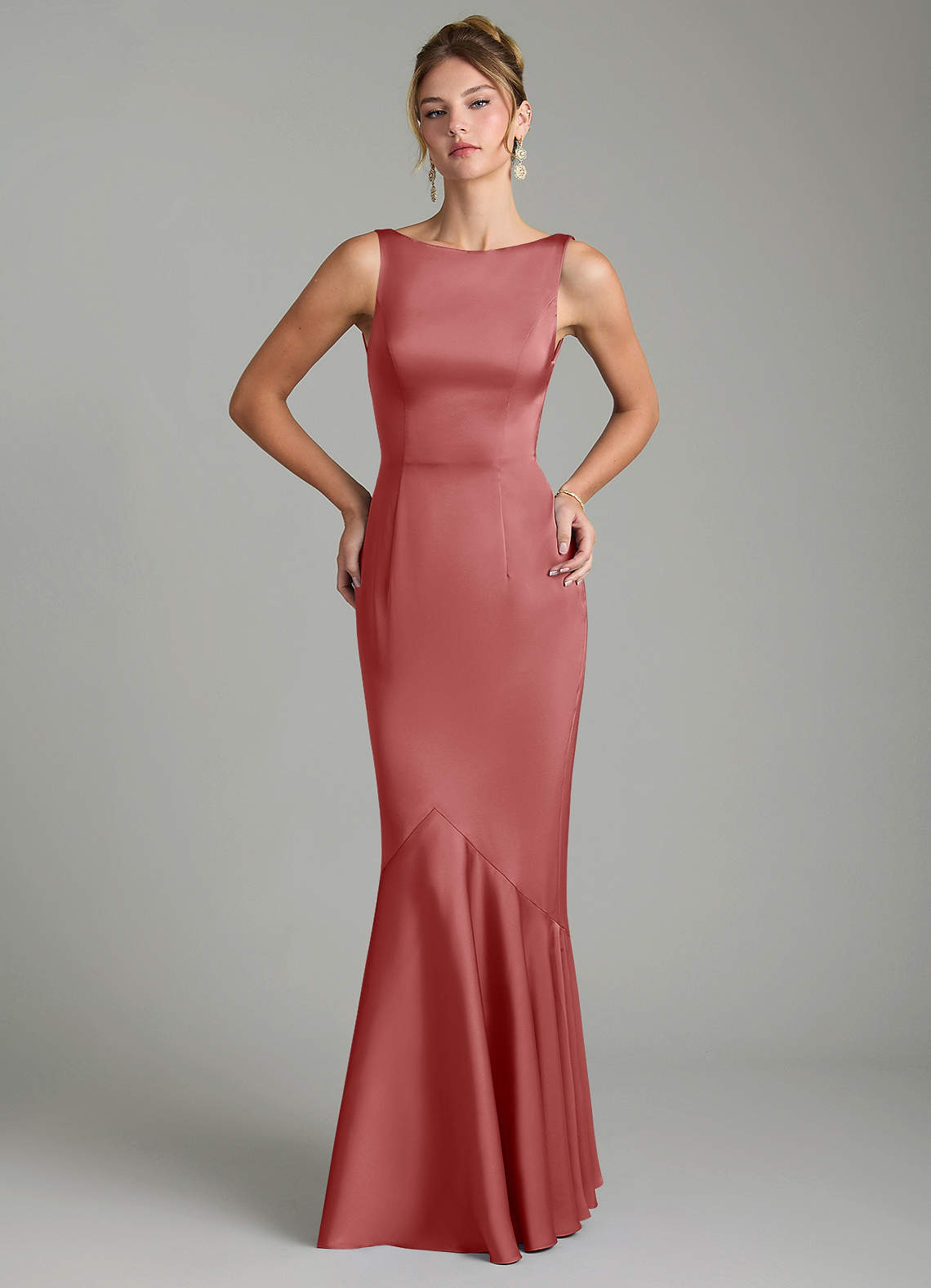 Tamera Mermaid Boat-Neck Stretch Satin and Chiffon Bridesmaid Dress in Antique Rose