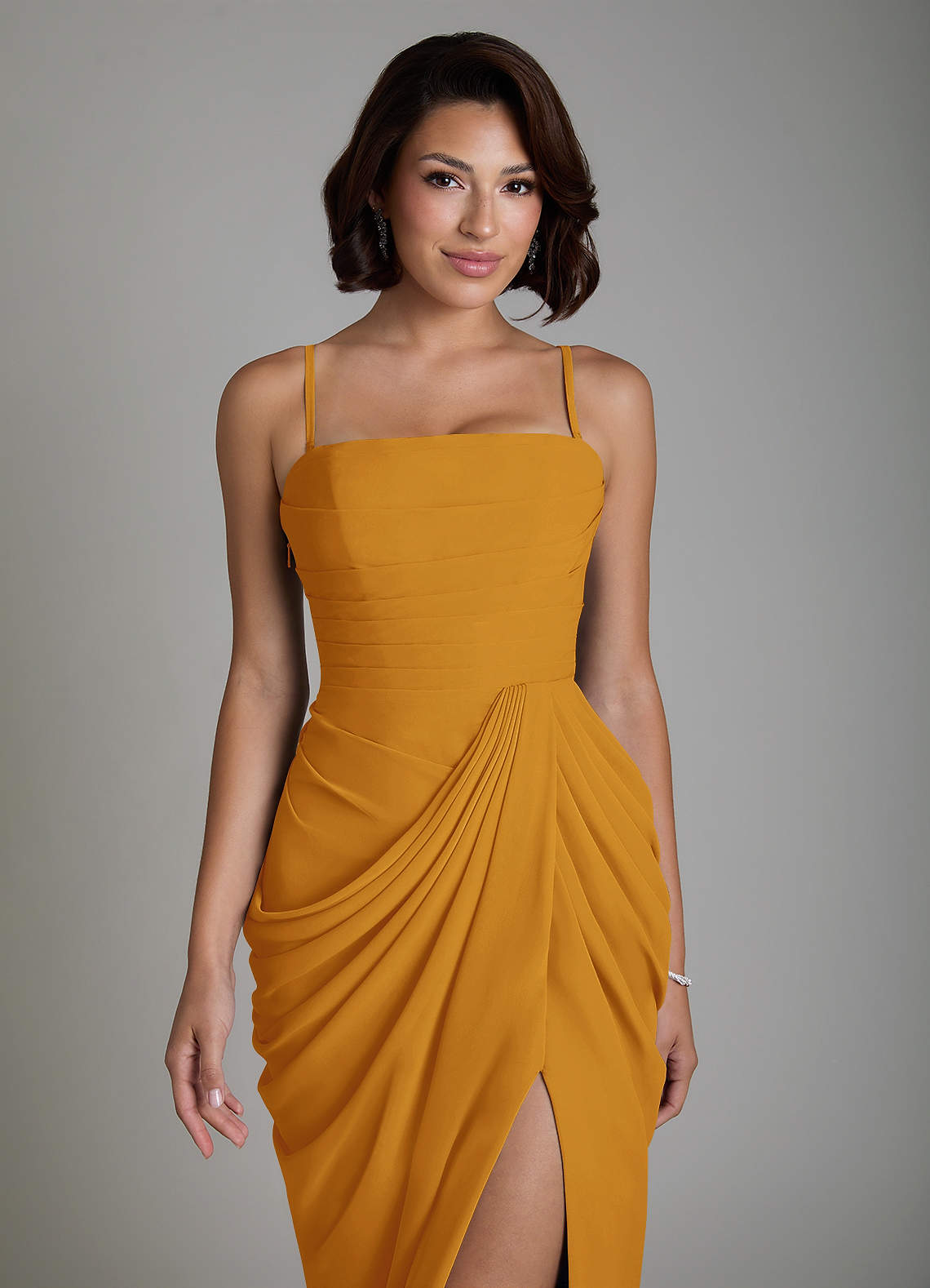 Nyra Sheath Strapless Chiffon Bridesmaid Dress in butterscotch