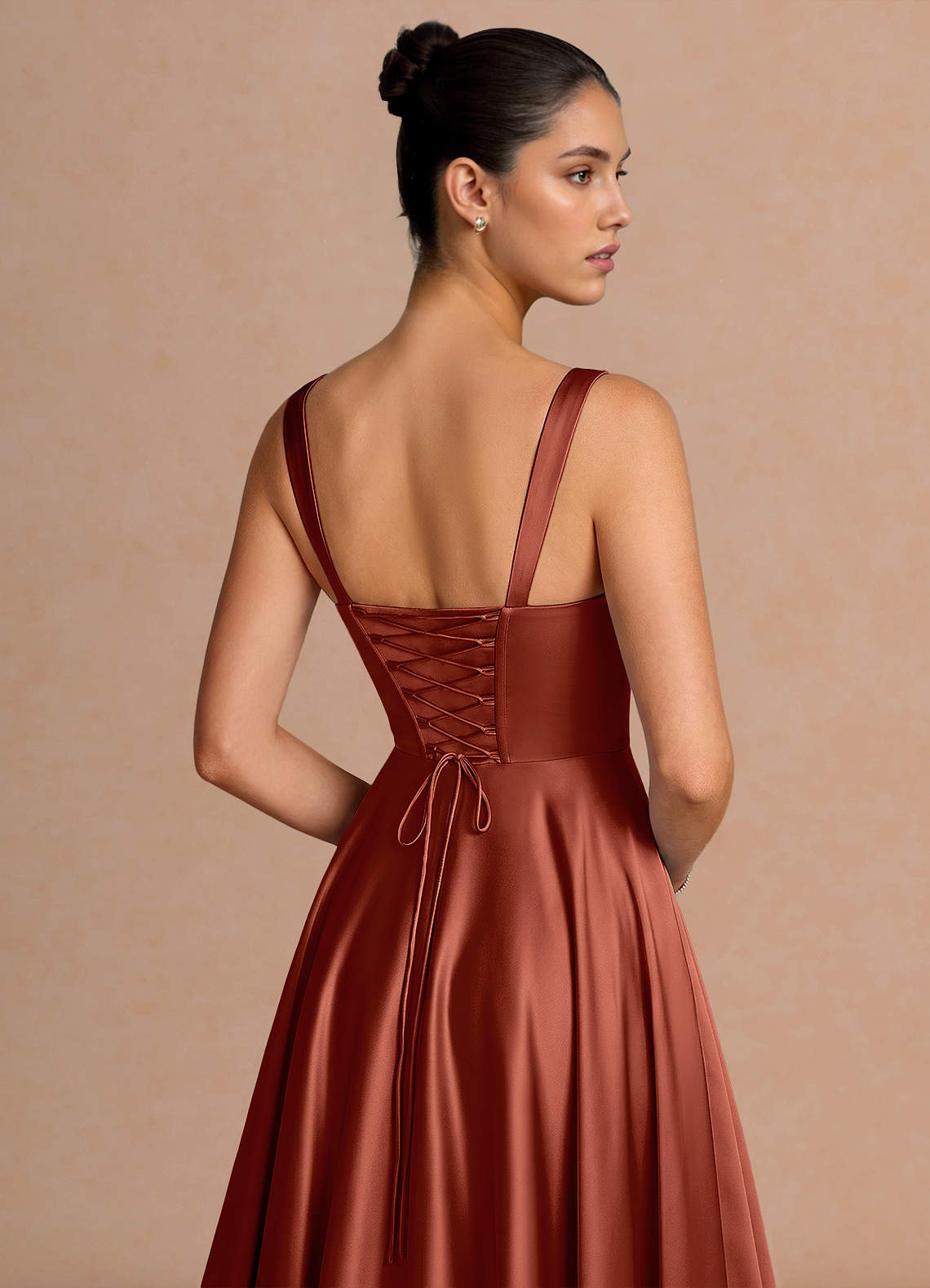 Azaria A-Line Square-Neck Stretch Satin Wedding Guest Dress in Burnt Umber
