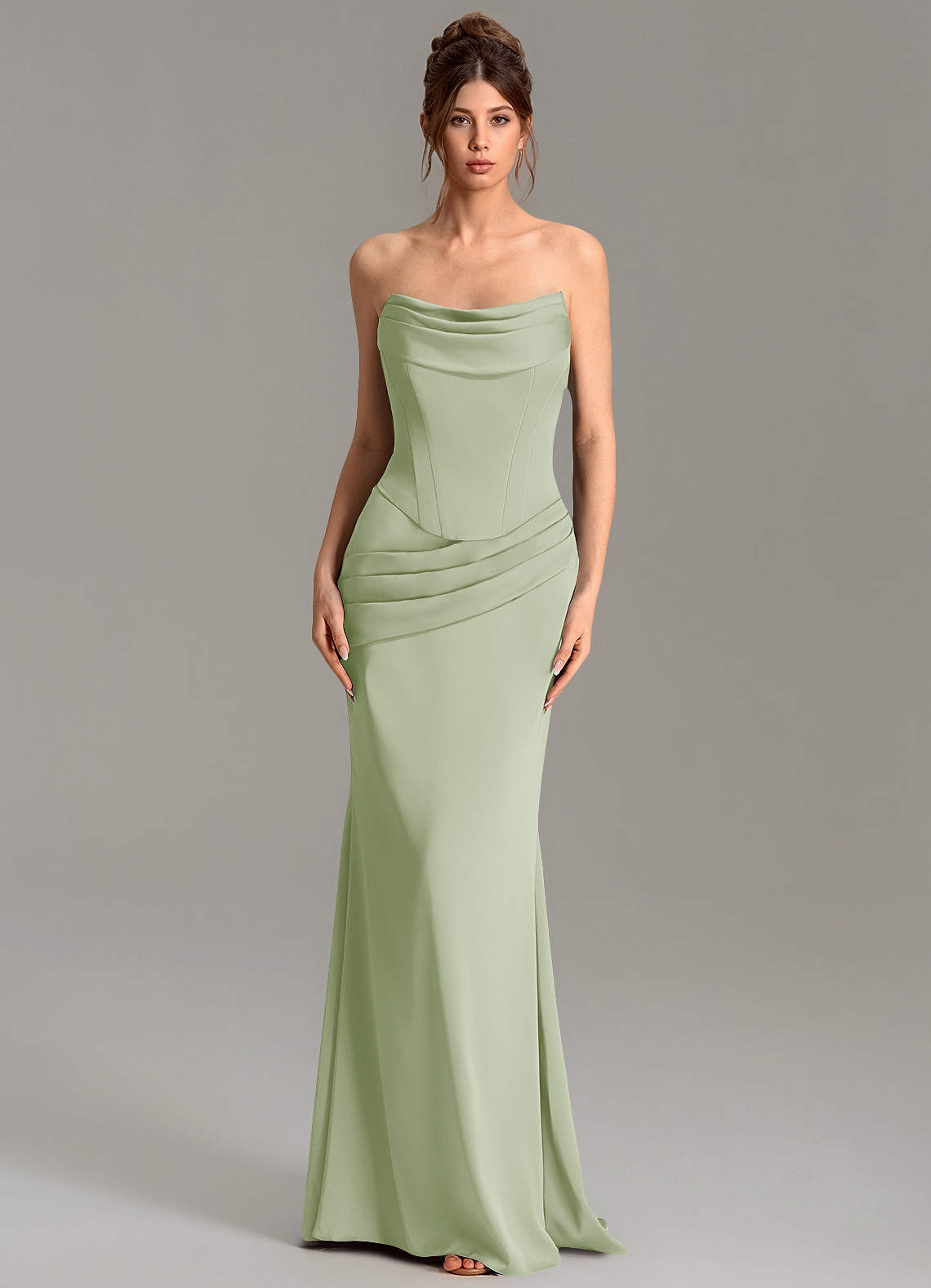 Adrienne Mermaid Cowl-Neck Stretch Satin Bridesmaid Dress in Dusty Sage