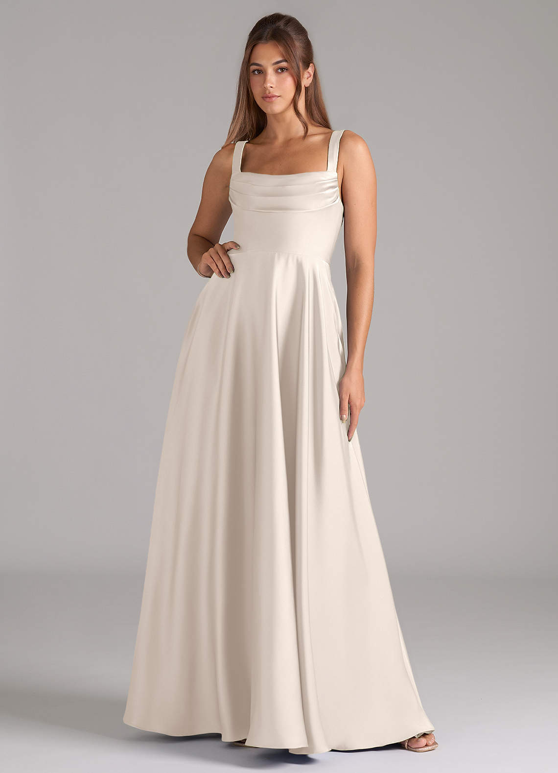 Shaude A-Line Square-Neck Stretch Satin Bridesmaid Dress in White Alabaster