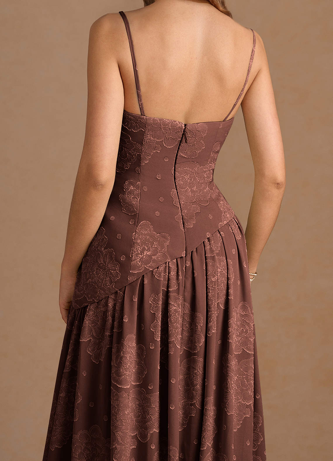 Marcella A-Line Corset Chiffon Burnout Wedding Guest Dress in Mocha Coco