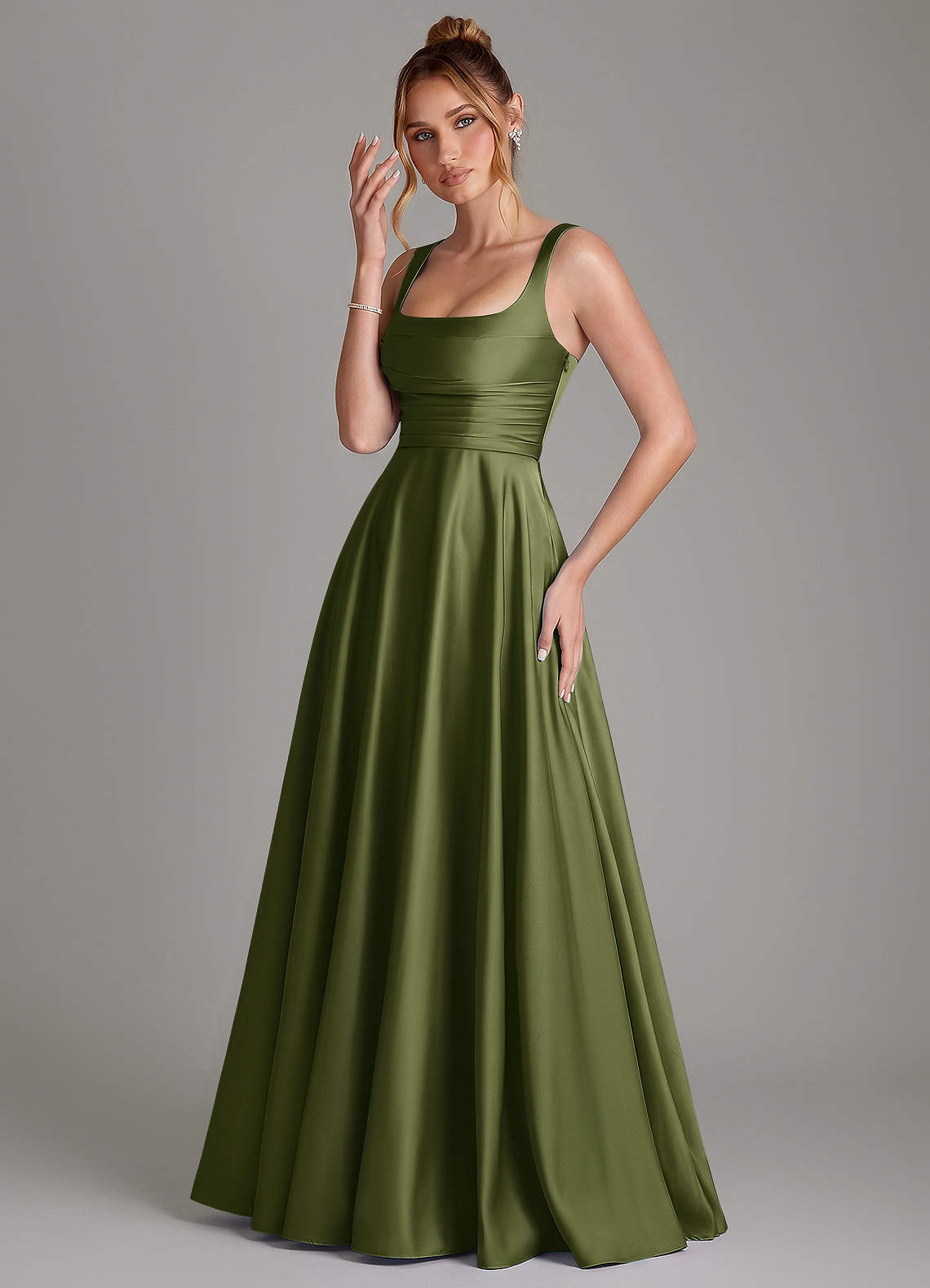 Azaria A-Line Square-Neck Stretch Satin Bridesmaid Dress in Olive