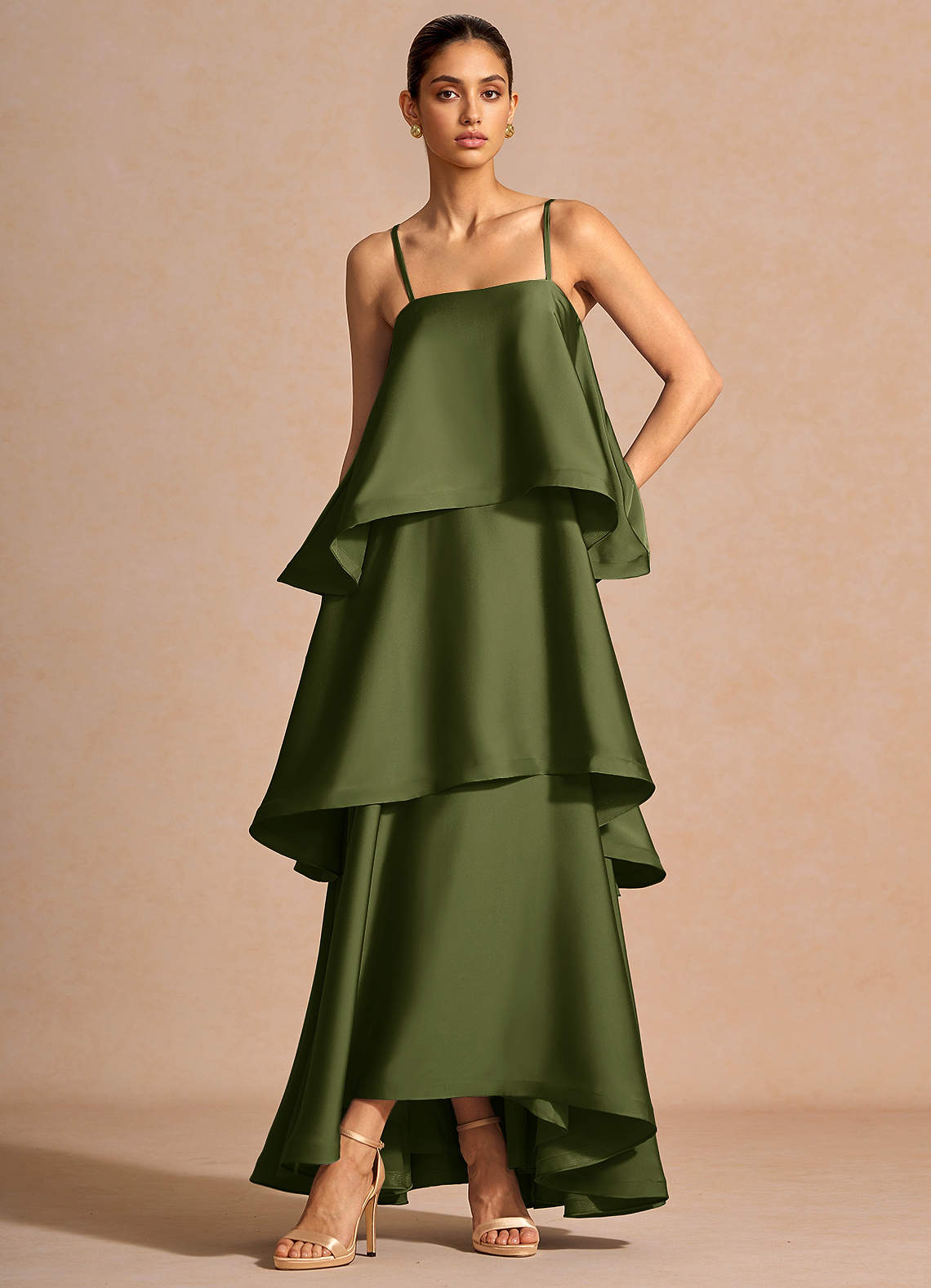 Itasca A-Line Tiered Stretch Satin Wedding Guest Dress in Lemon Green