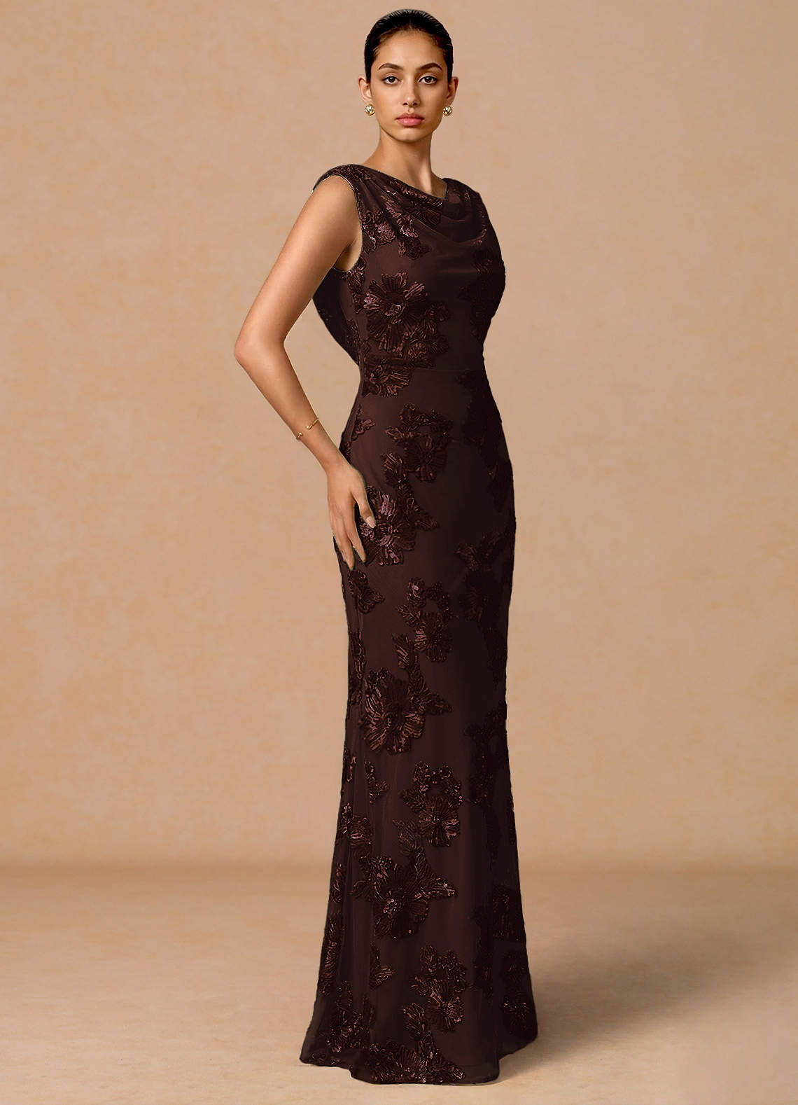 Elowis Column Open-Back Floral Mesh Evening Dress in Coco