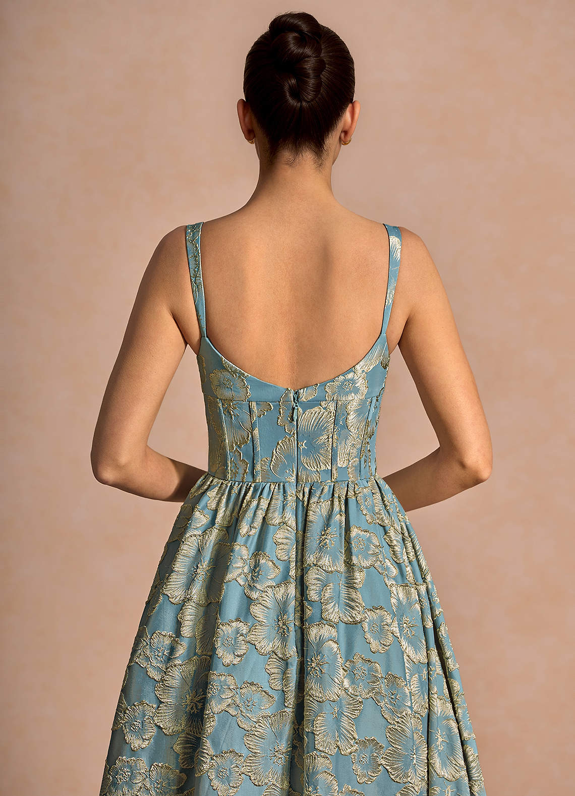 Julietteh A-Line Strappy Jacquard Taffeta Evening Dress in Lake Blue