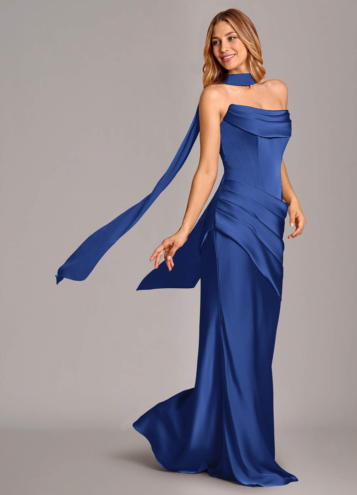 Pelagia Mermaid Cowl-Neck Stretch Satin Bridesmaid Dress in Royal Blue