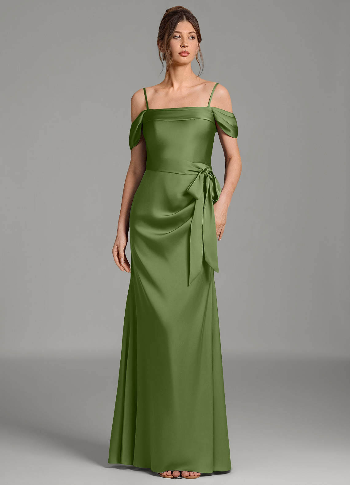 Wyatt Mermaid Off-the-Shoulder Stretch Satin Bridesmaid Dress in Juniper