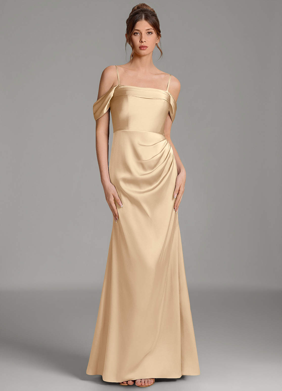 Wyatt Mermaid Off-the-Shoulder Stretch Satin Bridesmaid Dress in Champagne