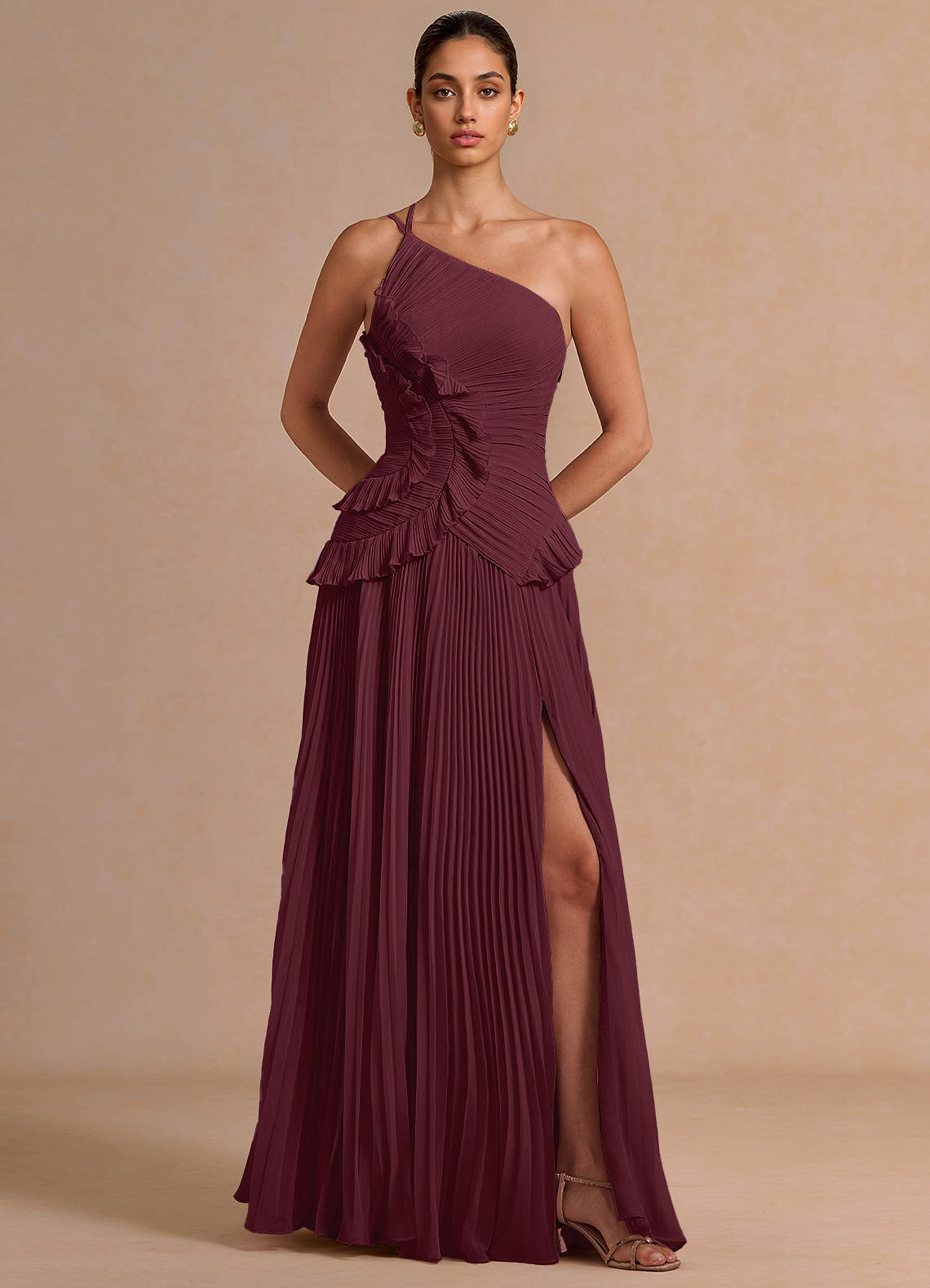 Melody A-Line One-Shoulder Chiffon Evening Dress in Wine