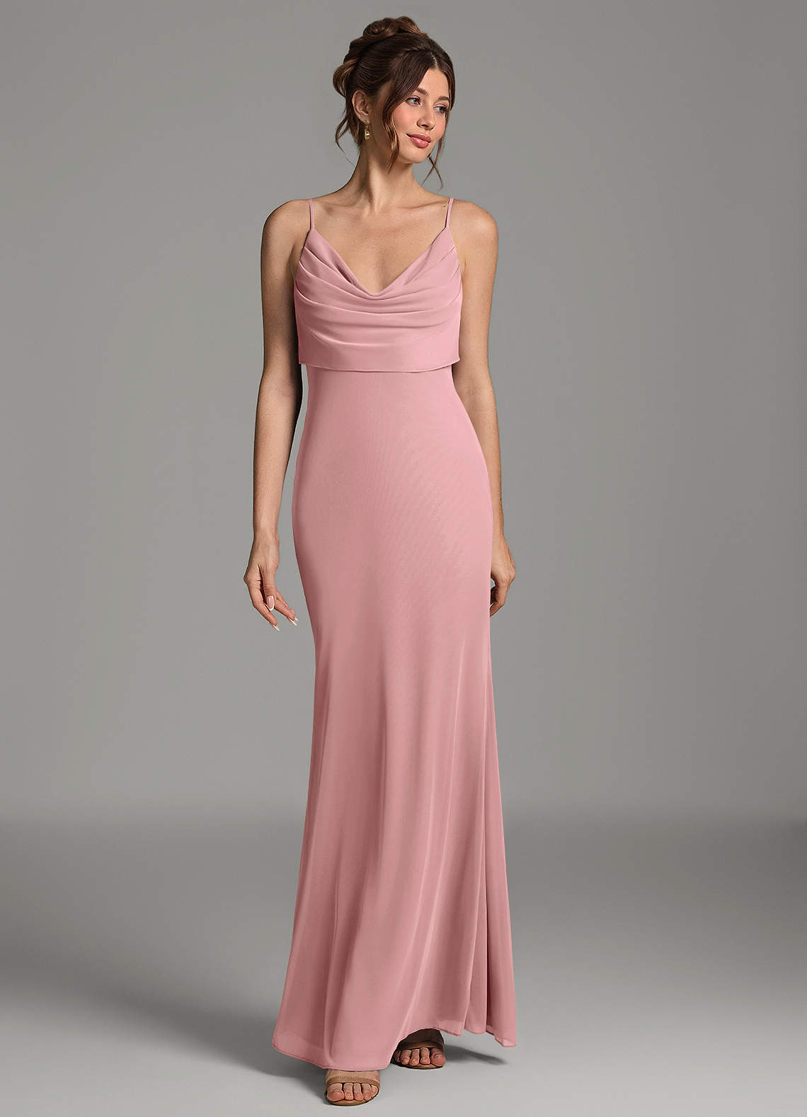 Zari Mermaid Cowl-Neck Mesh Bridesmaid Dress in dusty rose