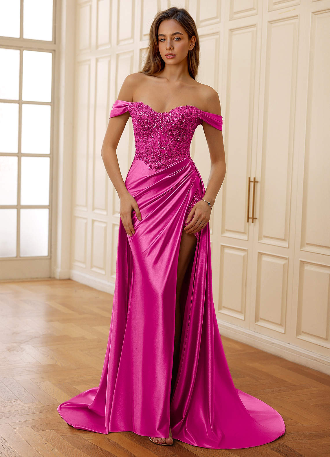 Rowane A-Line Off-the-Shoulder Satin Evening Dress in Magenta