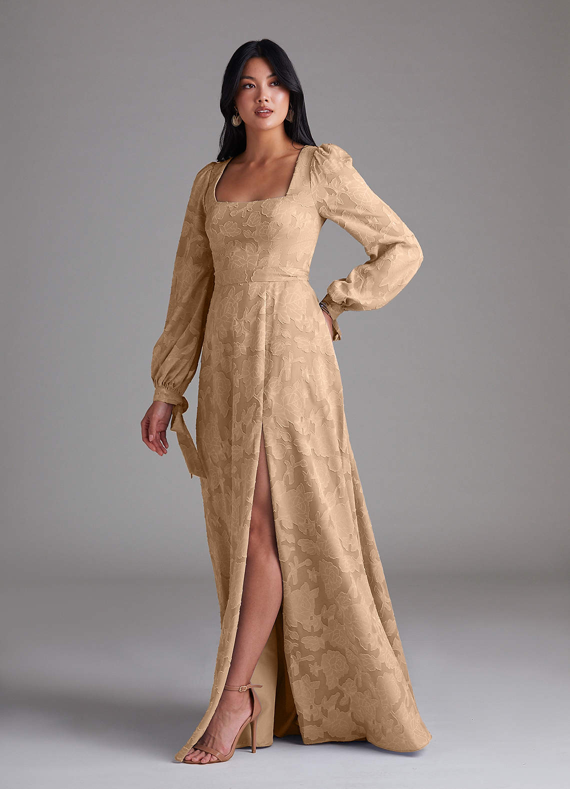 Leonia A-Line Square-Neck Stretch Satin Bridesmaid Dress in Champagne
