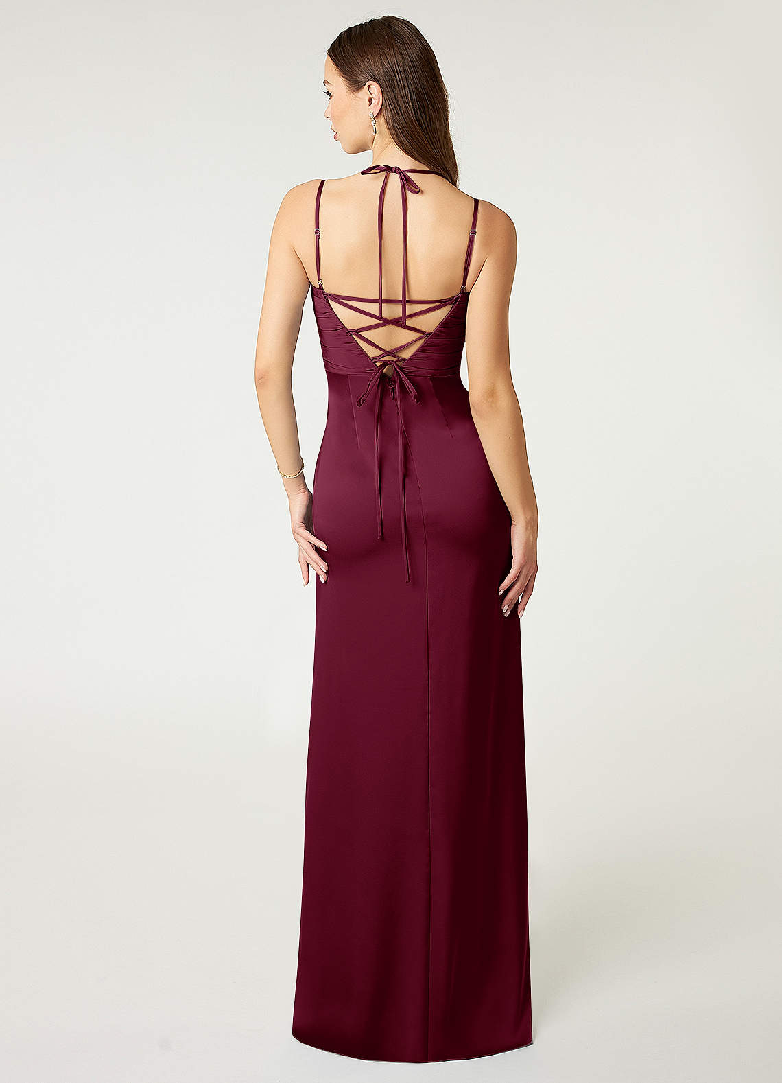 Desi Sheath Halter Stretch Satin Bridesmaid Dress in Mulberry