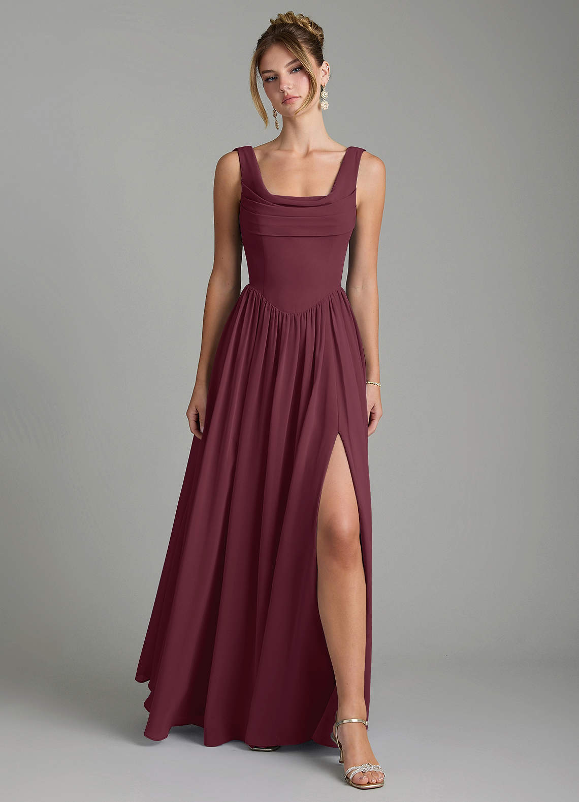 Novi A-Line Square-Neck Chiffon Bridesmaid Dress in Cabernet