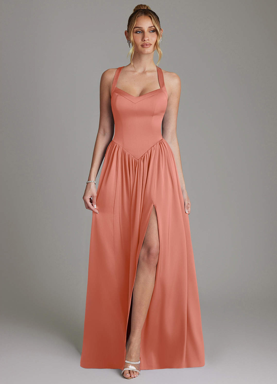Francis A-Line V-Neck Stretch Satin Bridesmaid Dress in Salmon Pink