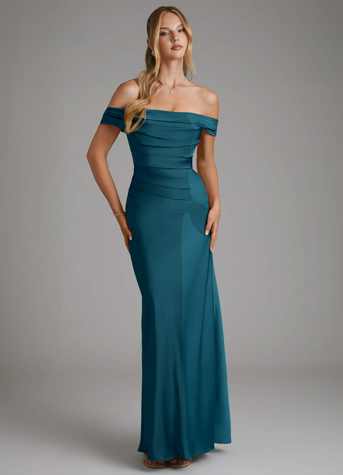 Hayden Mermaid Off-the-Shoulder Stretch Satin Bridesmaid Dress in Ink Blue