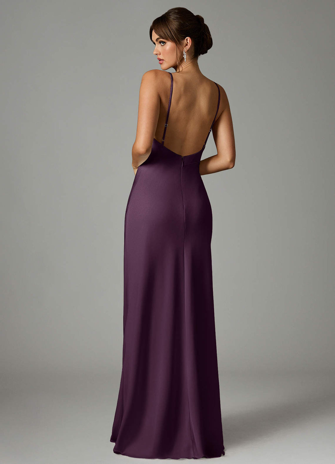 Stefania A-Line V-Neck Stretch Satin and Chiffon Bridesmaid Dress in Plum