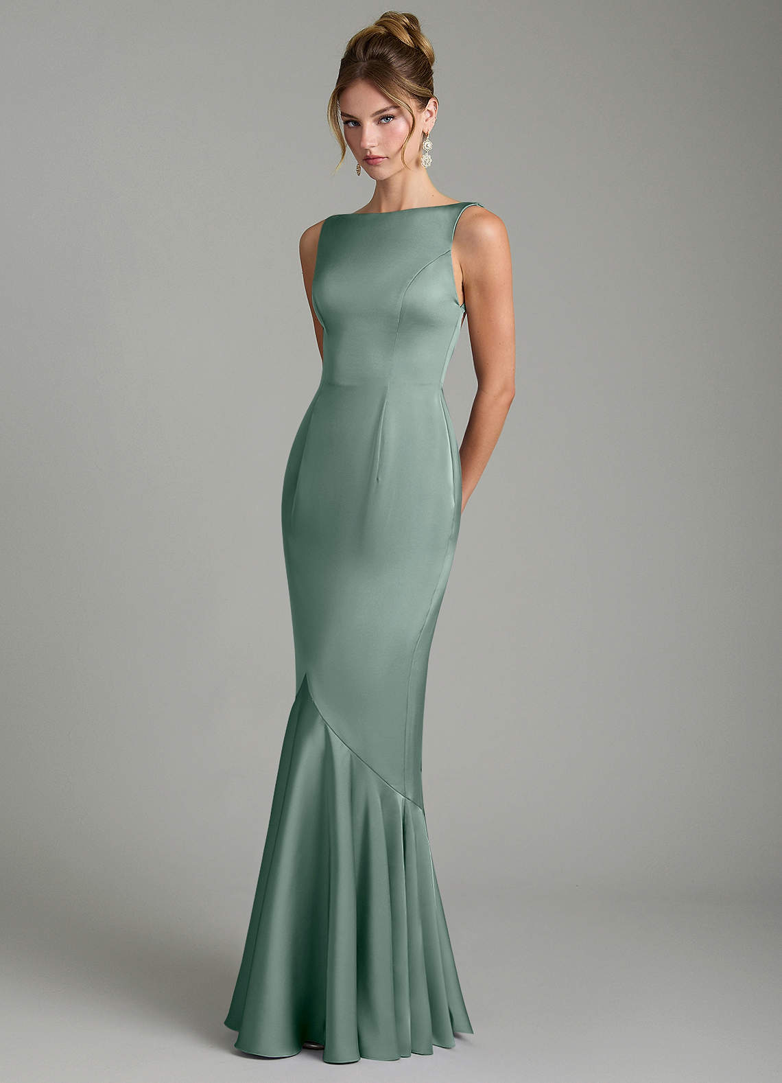 Tamera Mermaid Boat-Neck Stretch Satin and Chiffon Bridesmaid Dress in Silver Sage