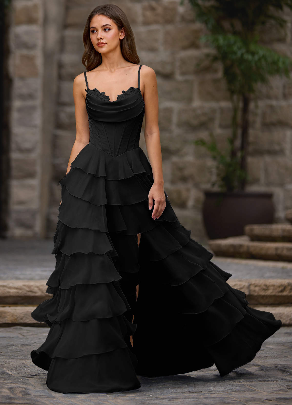 Floralace A-Line Ruffle Chiffon Evening Dress in black