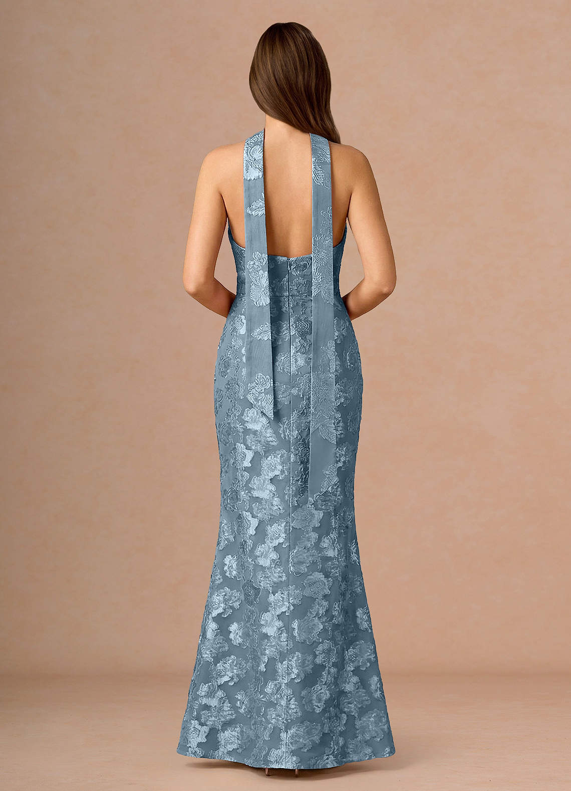Valerie V-Neck Open-Back Fil Coupé Evening Dress in Dusty Blue