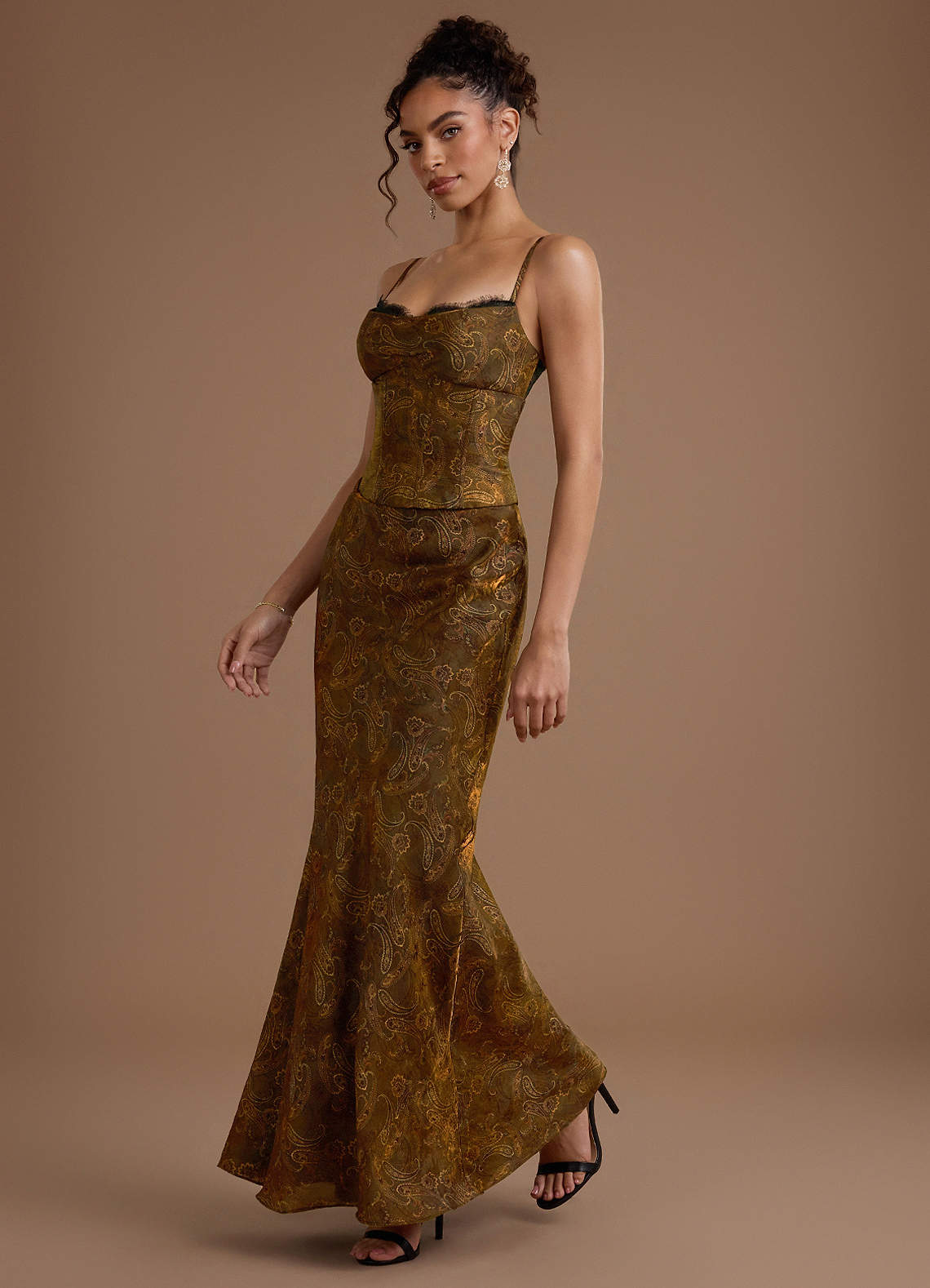 Reya Mermaid Scoop-Neck Brocade Wedding Guest Dress in Mocha Paisley