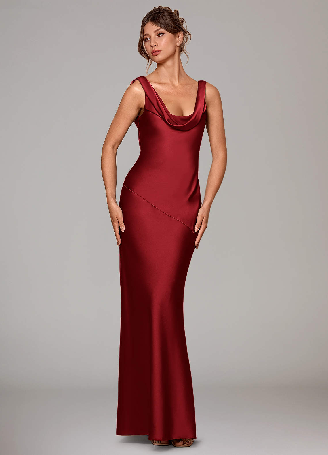 Rylina Mermaid Cowl-Neck Stretch Satin Bridesmaid Dress in Scarlet