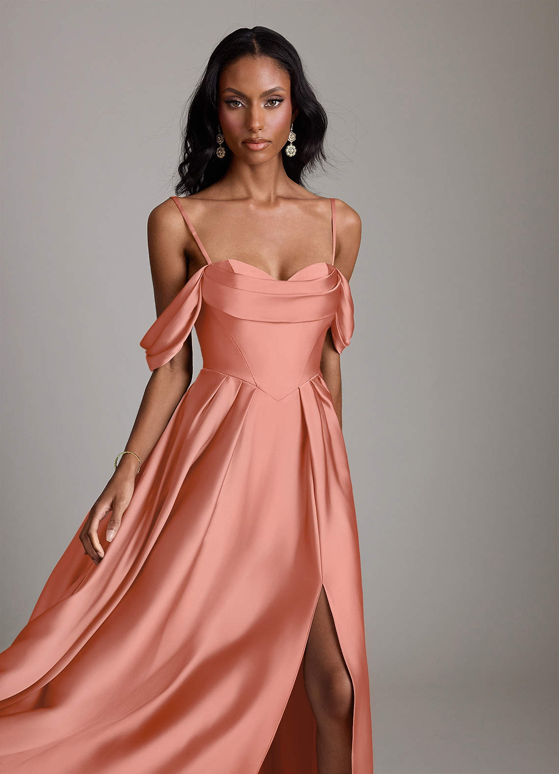 Loisa A-Line Off-the-Shoulder Stretch Satin Bridesmaid Dress in Salmon Pink